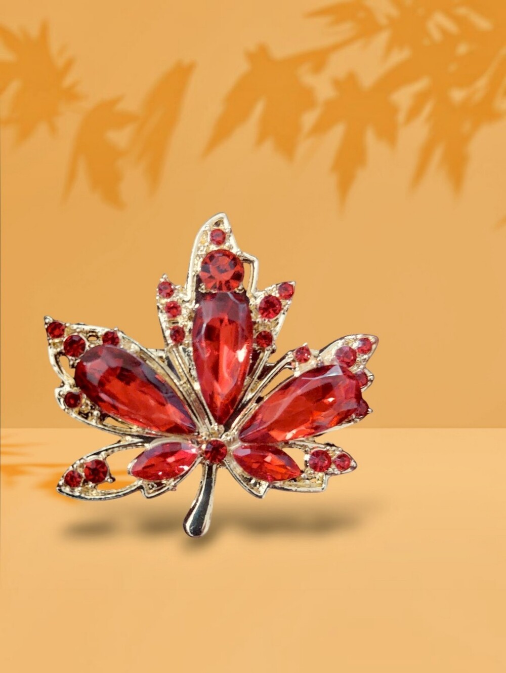 Red Rhinestone Maple Leaf Brooch